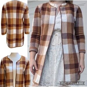 Loft Plaid Open-Front Cardigan Longline Duster Brown Tan Cream Checkered Size M